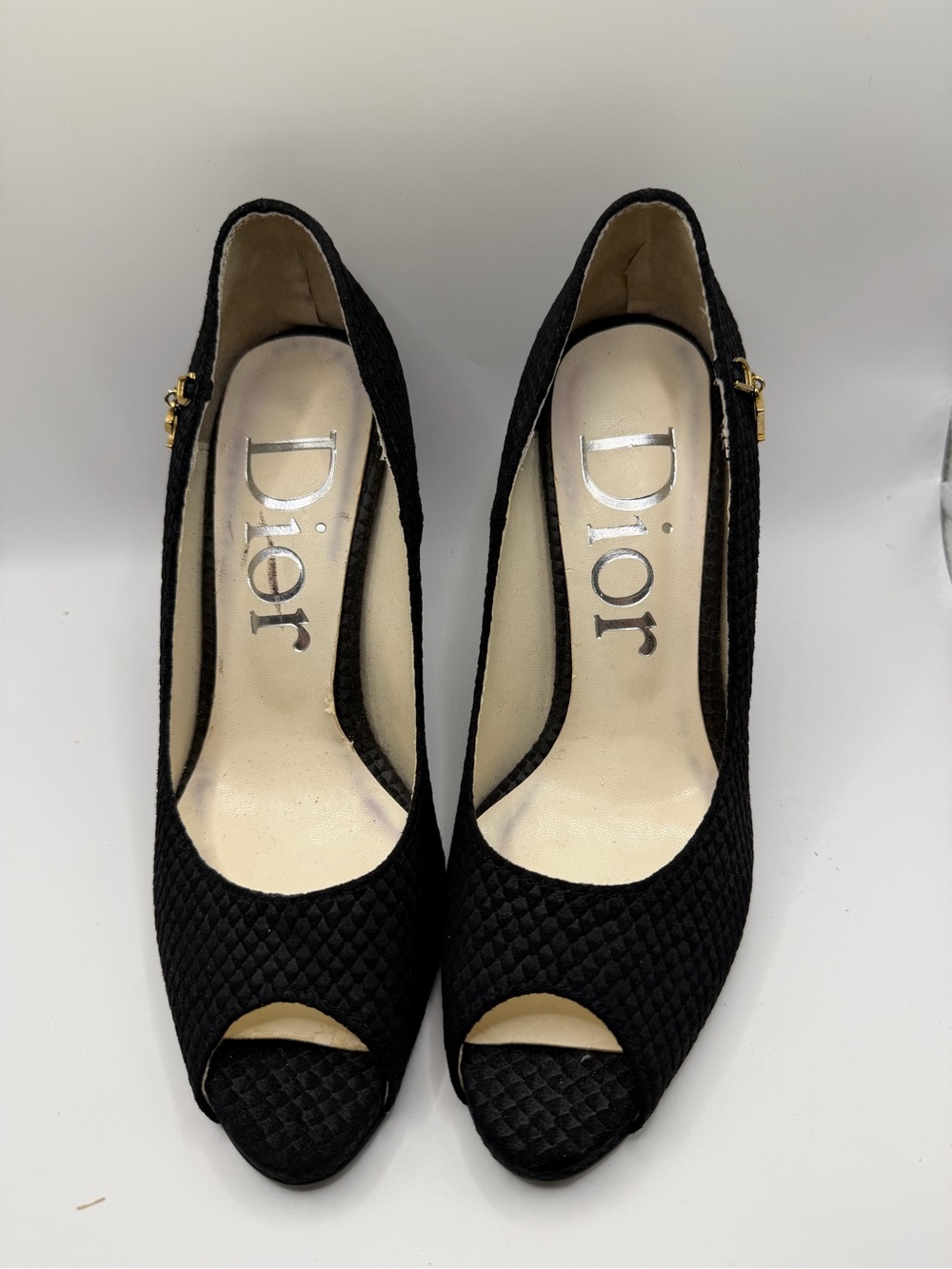 Dior Black Quilted Peep-Toe Heels with Gold Accent